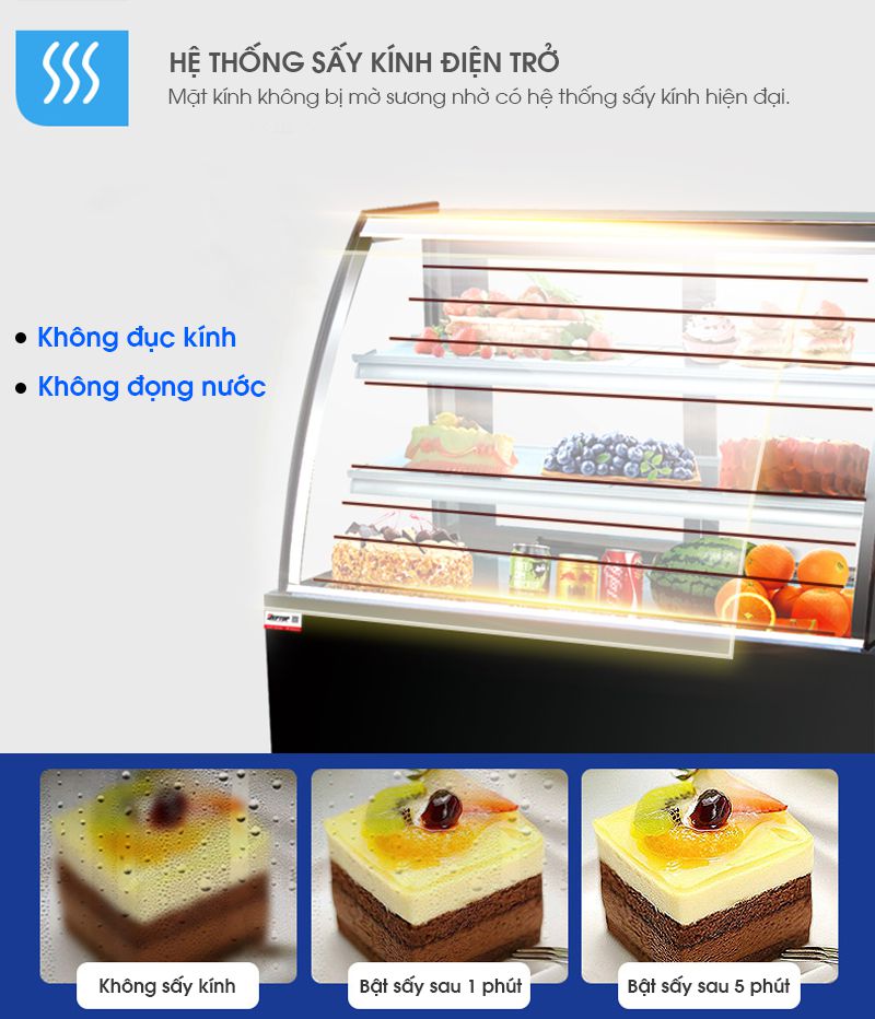 Sấy kính trên tủ trưng bày bánh kem kính cong.