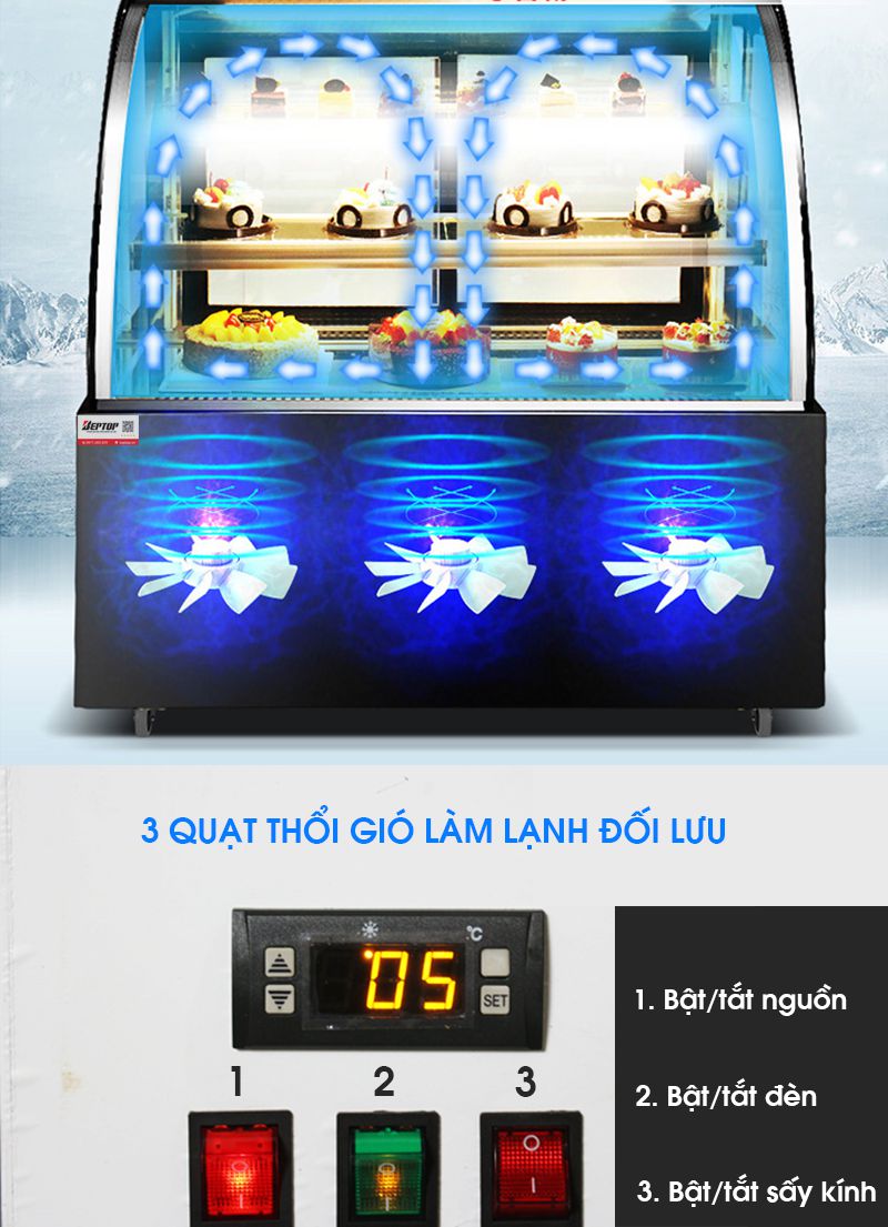 Công nghệ làm lạnh đa chiều trực tiếp trên tủ trưng bày bánh kem kính cong.