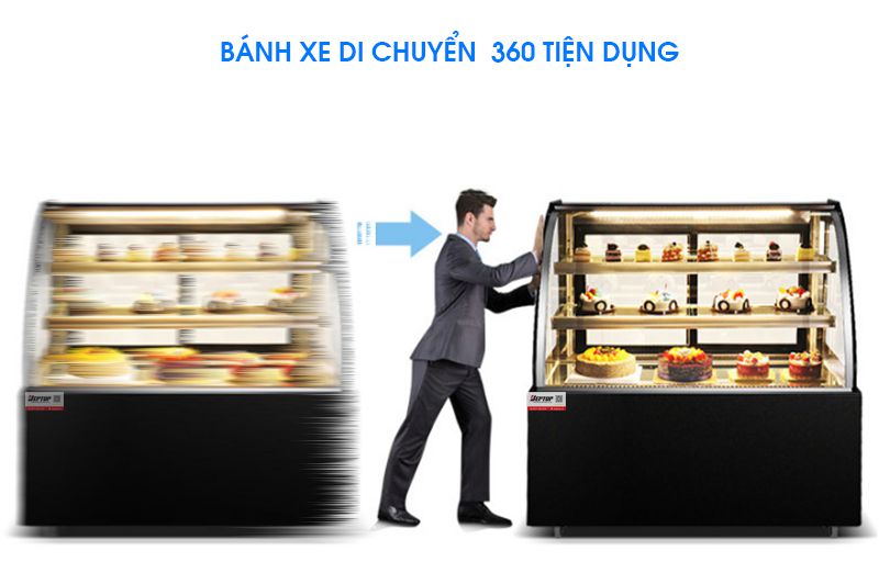 Tủ trưng bày bánh kem kính cong với bánh xe di chuyển tiện lợi.