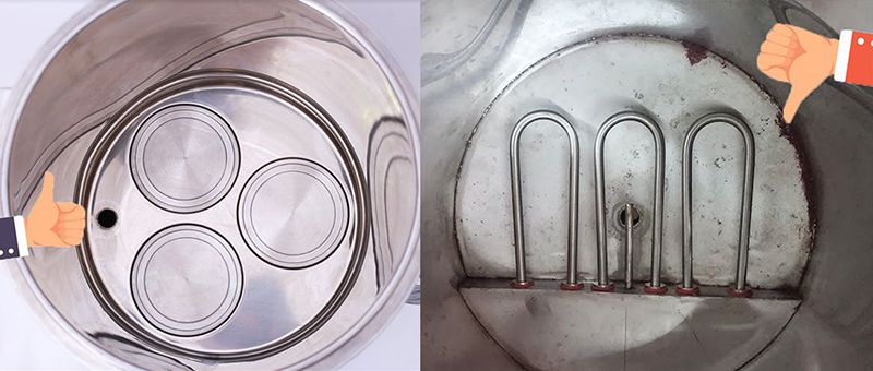 Lòng nồi nấu phở điện mâm nhiệt BEPTOP(bên trái) và nồi nấu phở thanh nhiệt(bên phải).