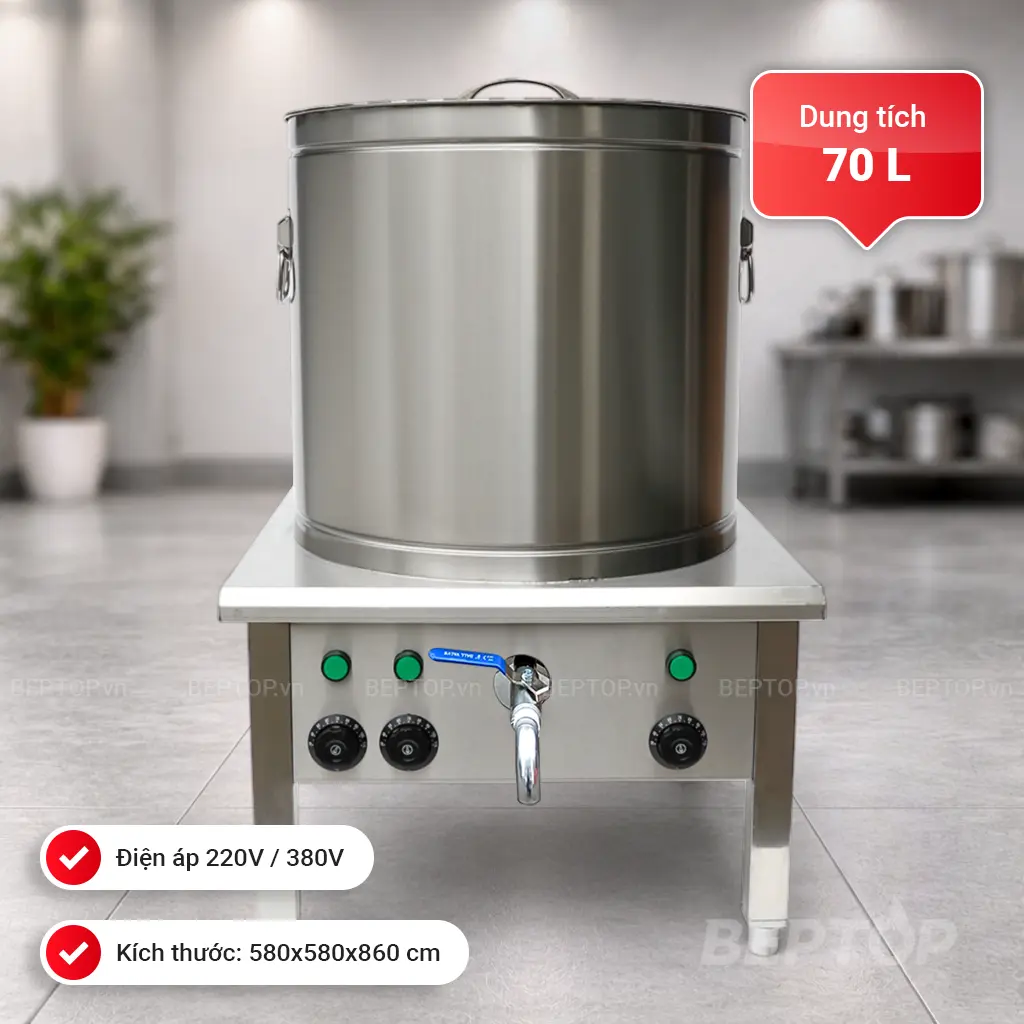 Nồi điện nấu phở 70L chất liệu inox 304 9kW đế vuông