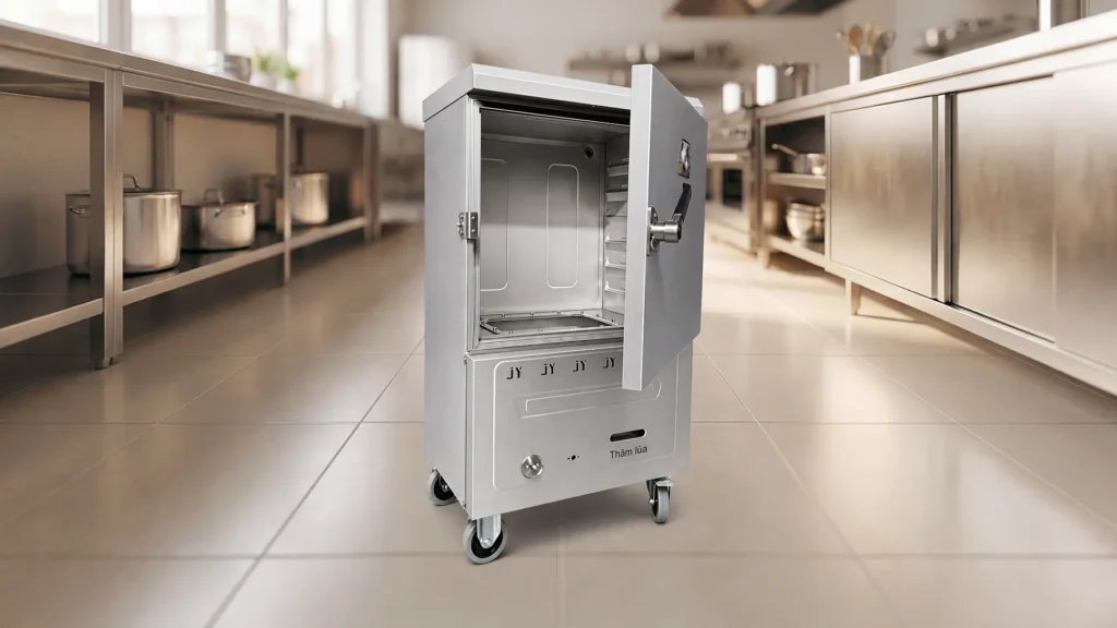 Tủ nấu cơm 6 khay bằng gas thương hiệu BEPTOP thiết kế gọn gàng bố trí khay hợp lý phù hợp bếp nhỏ và vừa